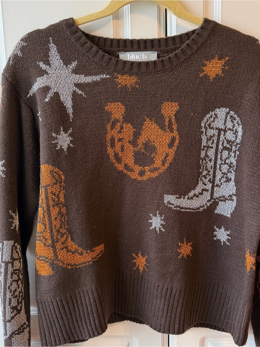 Blue B. Brown Western-Print Crewneck Sweater in Brown & Orange
